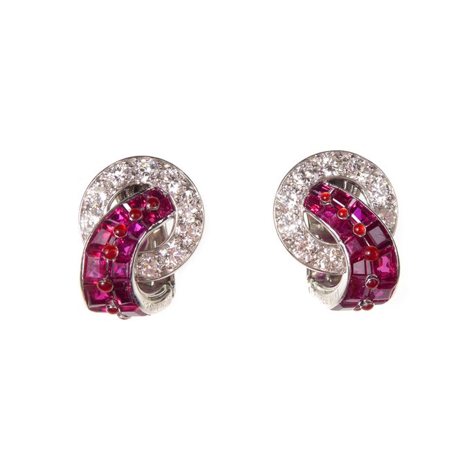   Cartier - Pair of Art Deco ruby and diamond circle and loop earrings | MasterArt
